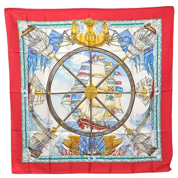 Authentic HERMES Carre 90 Scarf "vive le vent" Silk Red Paper Bag 3232E