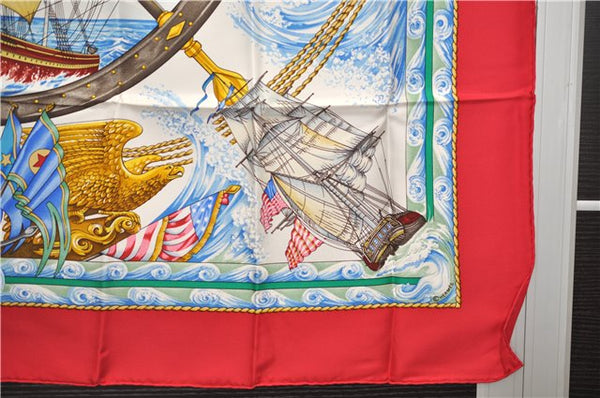 Authentic HERMES Carre 90 Scarf "vive le vent" Silk Red Paper Bag 3232E