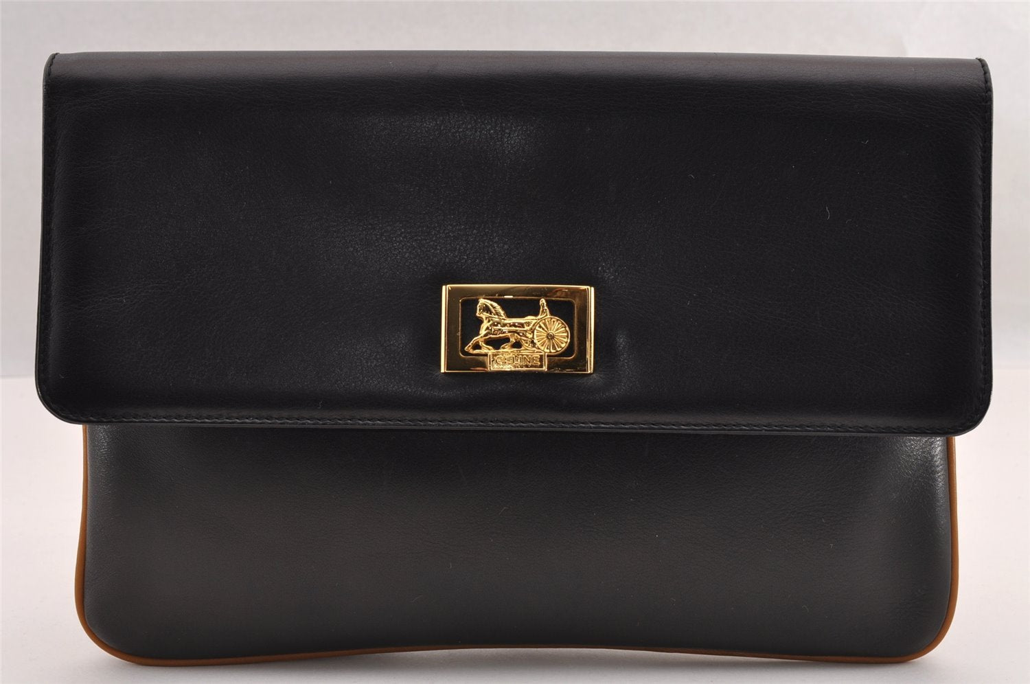 Authentic CELINE Horse Carriage Clutch Hand Bag Purse Leather Black 3233I