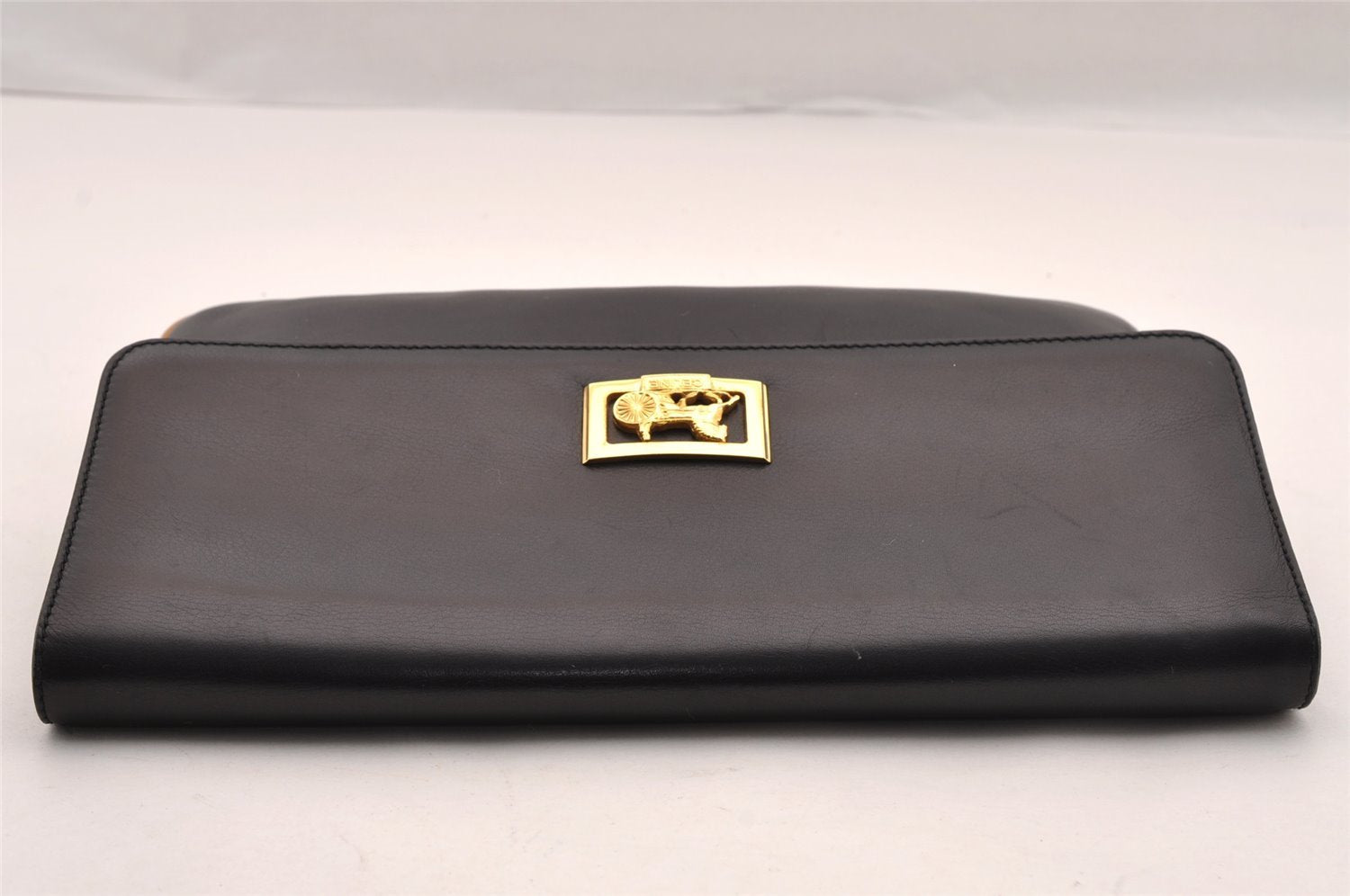 Authentic CELINE Horse Carriage Clutch Hand Bag Purse Leather Black 3233I