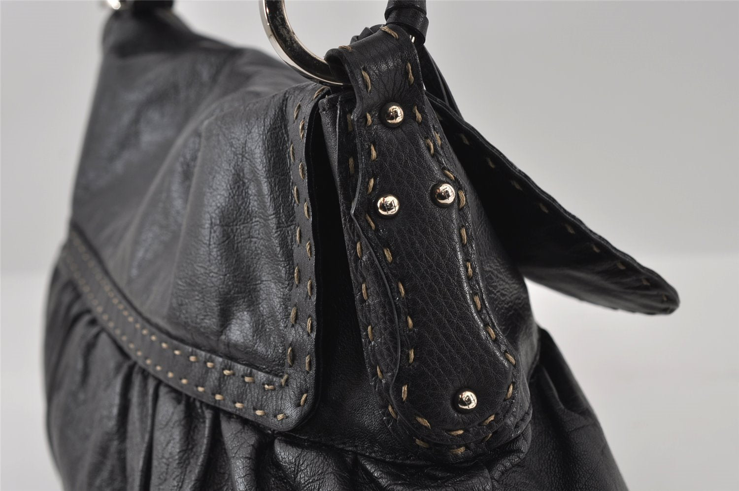Authentic FENDI Selleria Vintage Shoulder Hand Bag Leather Black 3234I