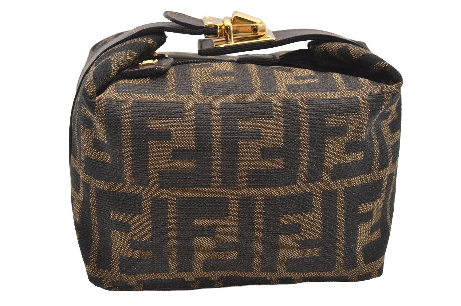 Authentic FENDI Zucca Hand Bag Pouch Purse Canvas Leather Brown Black Junk 3243I