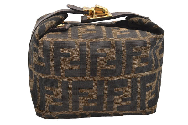 Authentic FENDI Zucca Hand Bag Pouch Purse Canvas Leather Brown Black Junk 3243I