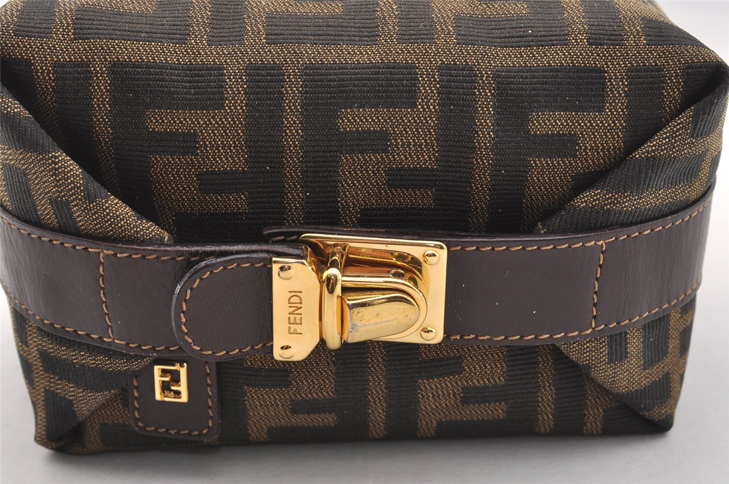 Authentic FENDI Zucca Hand Bag Pouch Purse Canvas Leather Brown Black Junk 3243I