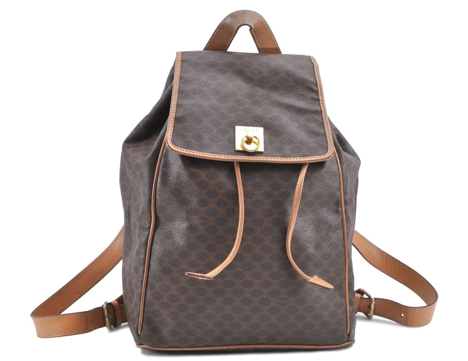 Authentic CELINE Macadam Blason Pattern Backpack PVC Leather Brown Beige 3246B