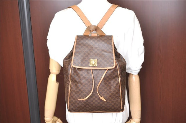Authentic CELINE Macadam Blason Pattern Backpack PVC Leather Brown Beige 3246B