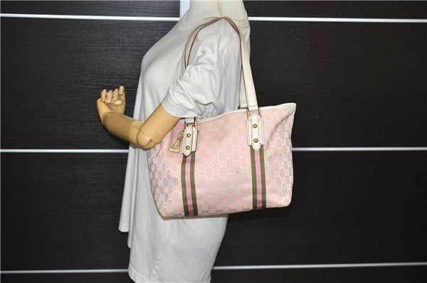 Authentic GUCCI Sherry Line Vintage Tote Bag GG Canvas Leather 137396 Pink 3260E