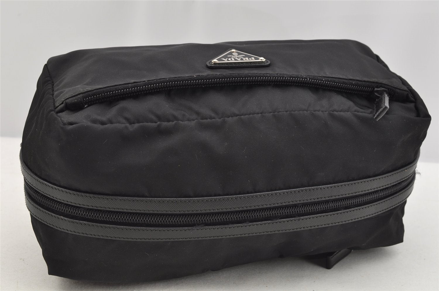 Authentic PRADA Tessuto Saffiano Nylon Leather Pouch Purse 2N0029 Black 3263I