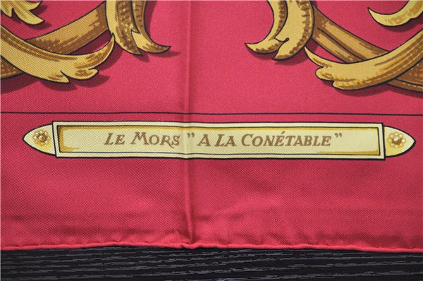 Authentic HERMES Carre 90 Scarf "LE MORS A LA CONETABLE" Silk Bordeaux Box 3274E