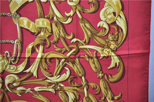 Authentic HERMES Carre 90 Scarf "LE MORS A LA CONETABLE" Silk Bordeaux Box 3274E