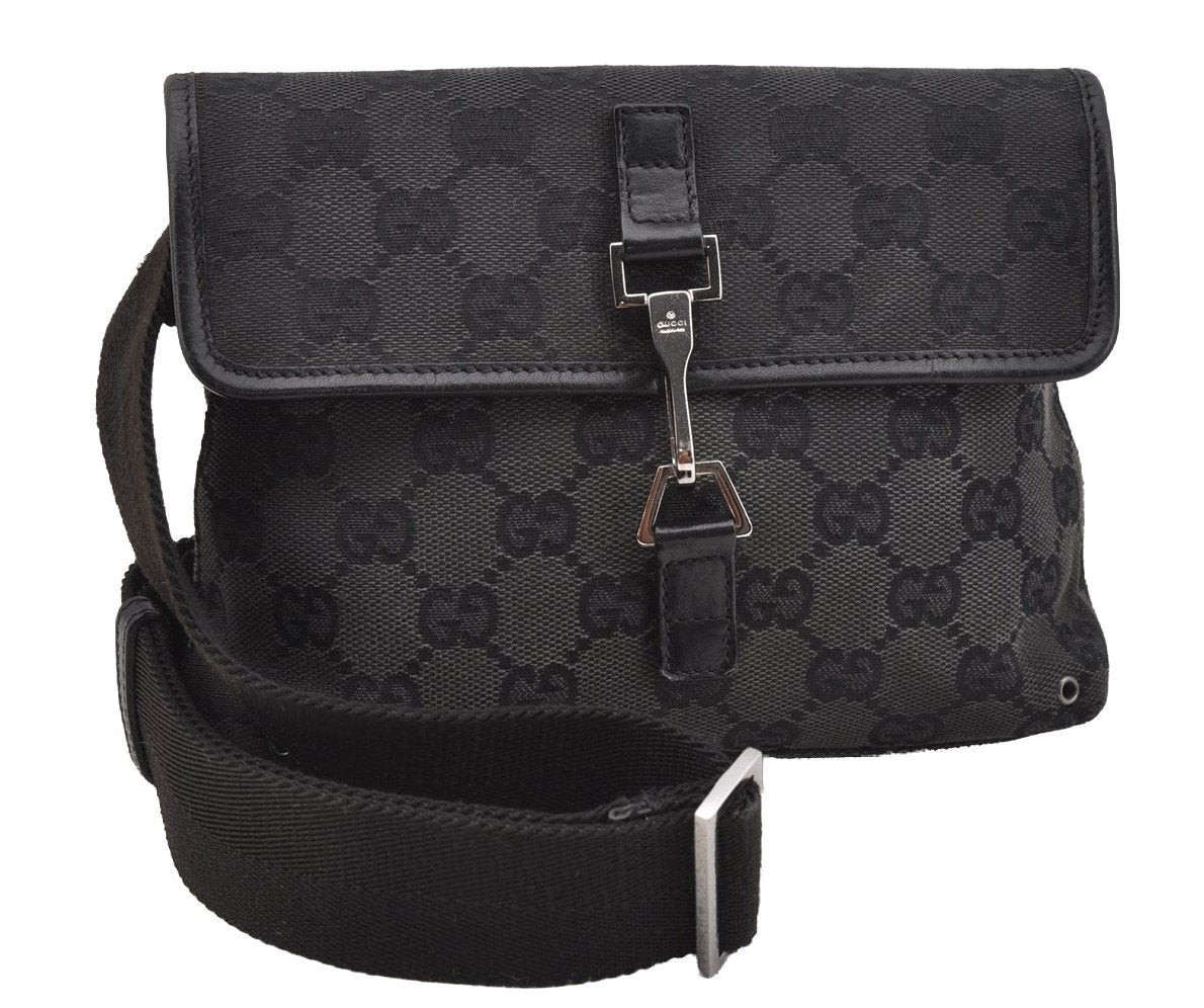 Authentic GUCCI Vintage Waist Body Bag Purse GG Canvas Leather 92543 Black 3285I