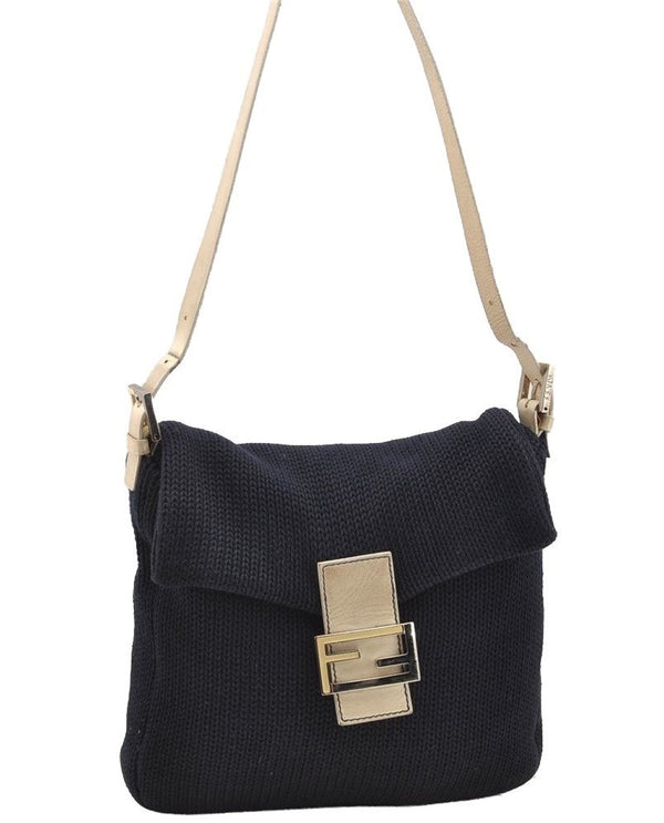 Authentic FENDI Mamma Baguette Shoulder Bag Purse Knit Leather Navy Blue 3291I