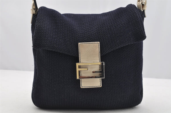Authentic FENDI Mamma Baguette Shoulder Bag Purse Knit Leather Navy Blue 3291I
