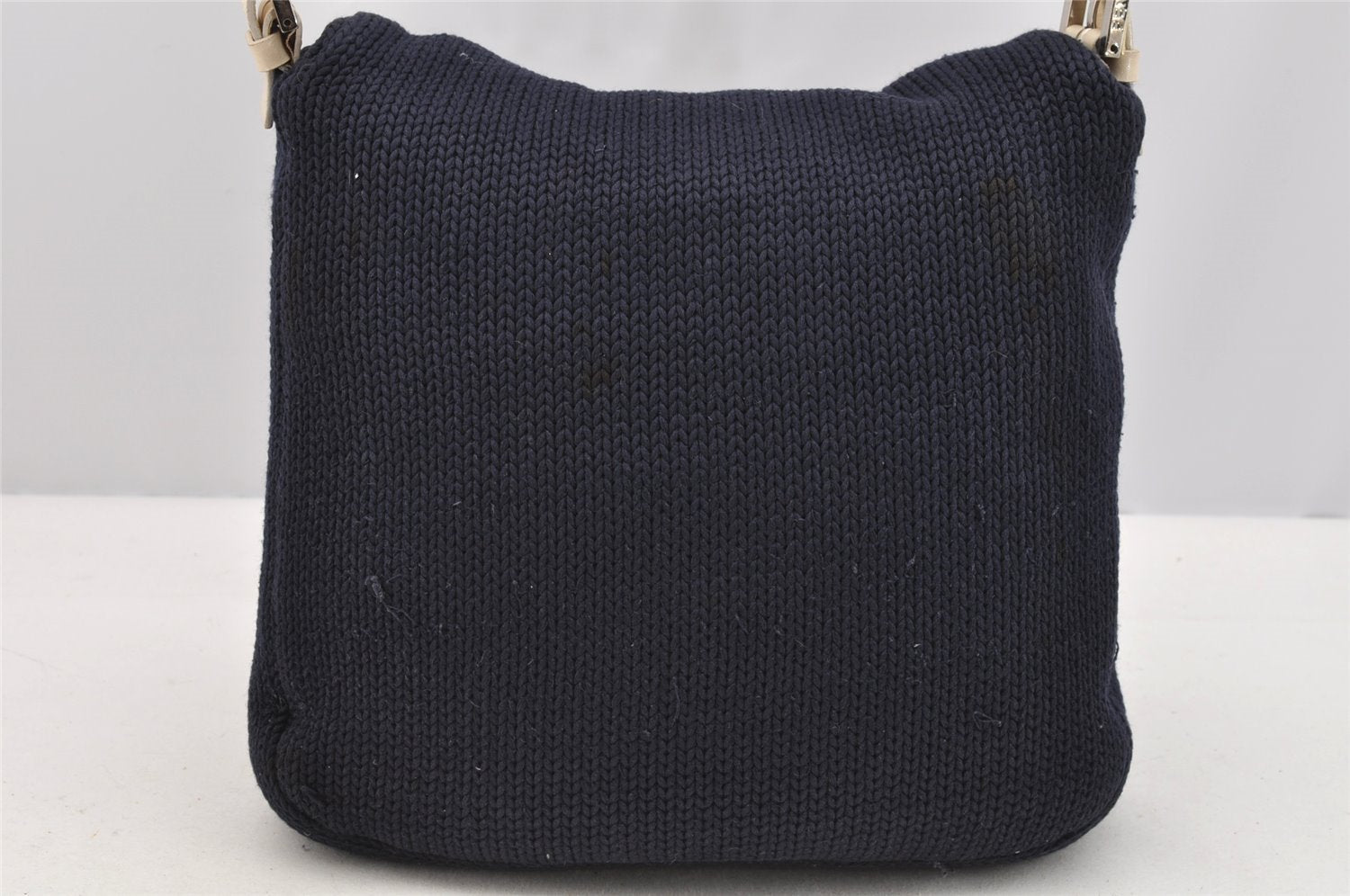 Authentic FENDI Mamma Baguette Shoulder Bag Purse Knit Leather Navy Blue 3291I