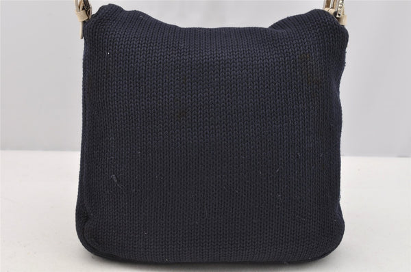 Authentic FENDI Mamma Baguette Shoulder Bag Purse Knit Leather Navy Blue 3291I