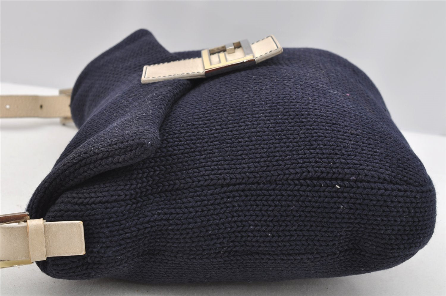 Authentic FENDI Mamma Baguette Shoulder Bag Purse Knit Leather Navy Blue 3291I