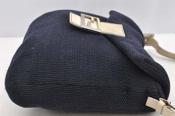 Authentic FENDI Mamma Baguette Shoulder Bag Purse Knit Leather Navy Blue 3291I