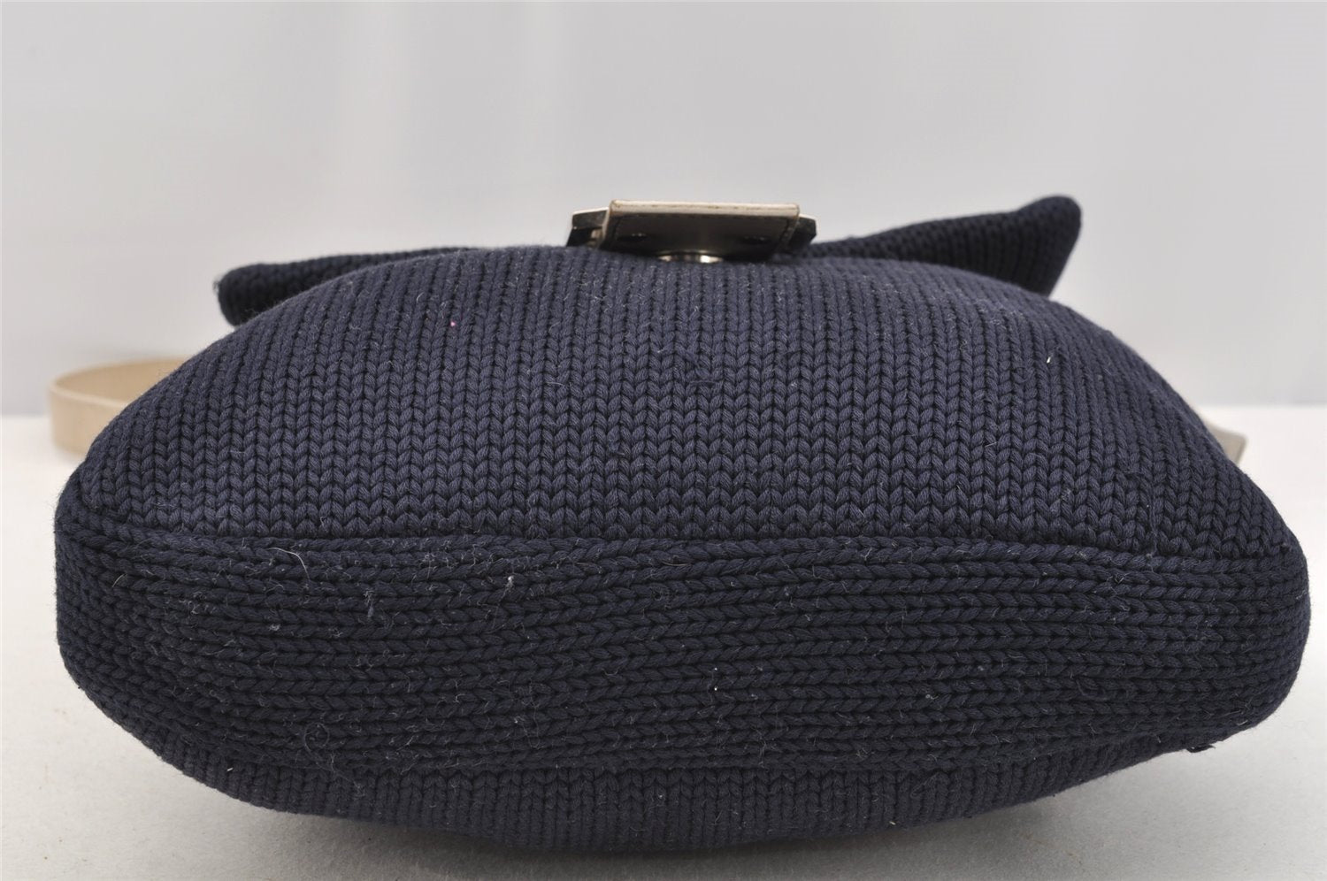 Authentic FENDI Mamma Baguette Shoulder Bag Purse Knit Leather Navy Blue 3291I