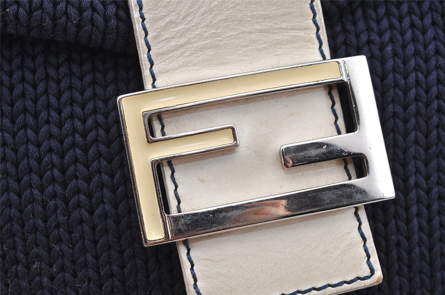 Authentic FENDI Mamma Baguette Shoulder Bag Purse Knit Leather Navy Blue 3291I