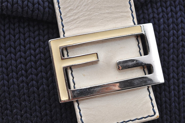 Authentic FENDI Mamma Baguette Shoulder Bag Purse Knit Leather Navy Blue 3291I