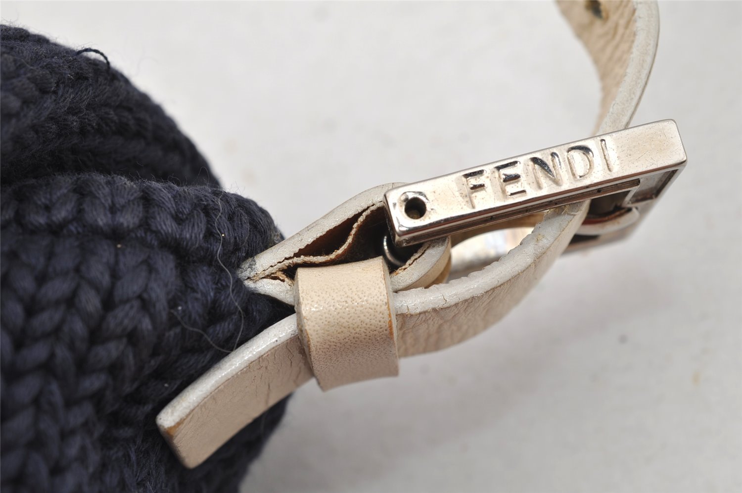 Authentic FENDI Mamma Baguette Shoulder Bag Purse Knit Leather Navy Blue 3291I