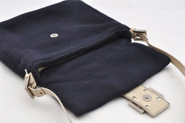 Authentic FENDI Mamma Baguette Shoulder Bag Purse Knit Leather Navy Blue 3291I