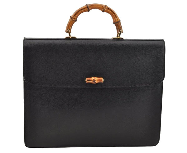 Authentic GUCCI Bamboo Vintage 2Way Briefcase Business Bag Leather Black 3295I
