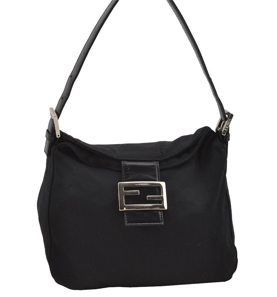 Authentic FENDI Mamma Baguette Shoulder Hand Bag Jersey Leather Black 3296I