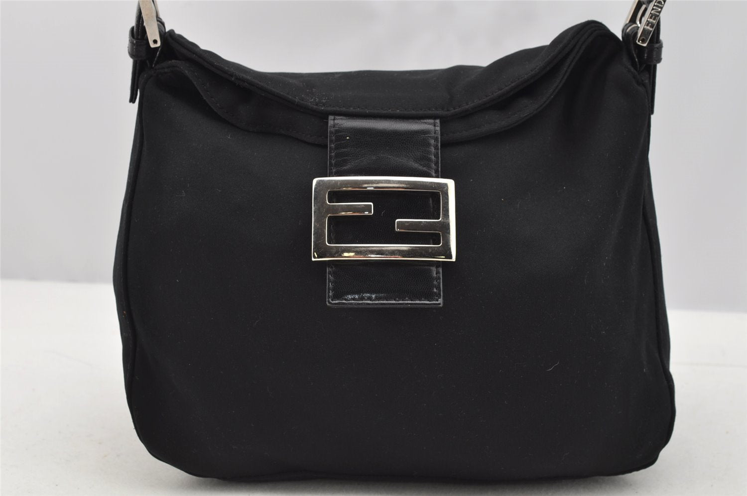 Authentic FENDI Mamma Baguette Shoulder Hand Bag Jersey Leather Black 3296I