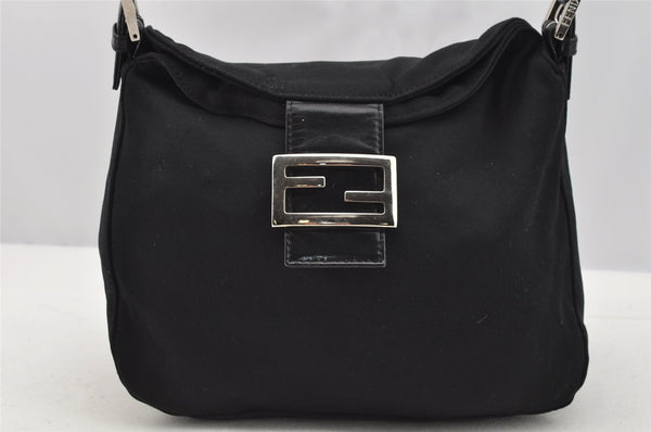 Authentic FENDI Mamma Baguette Shoulder Hand Bag Jersey Leather Black 3296I