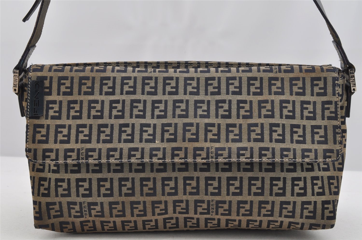 Authentic FENDI Zucchino Shoulder Bag Purse Canvas Leather Navy Blue 3297I