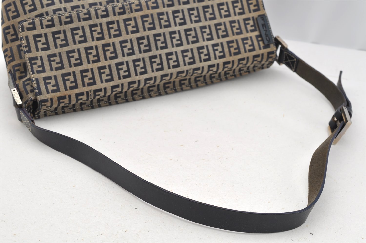 Authentic FENDI Zucchino Shoulder Bag Purse Canvas Leather Navy Blue 3297I
