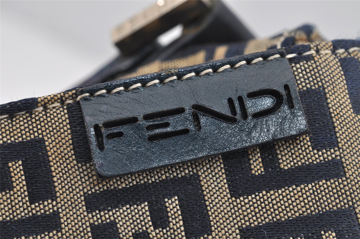 Authentic FENDI Zucchino Shoulder Bag Purse Canvas Leather Navy Blue 3297I