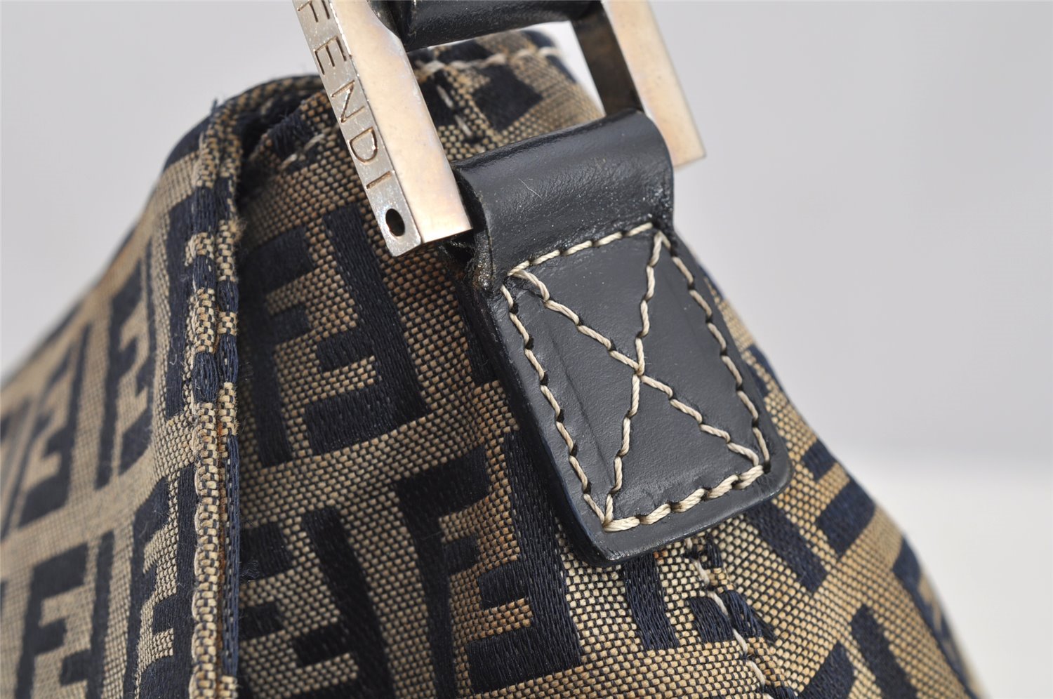 Authentic FENDI Zucchino Shoulder Bag Purse Canvas Leather Navy Blue 3297I