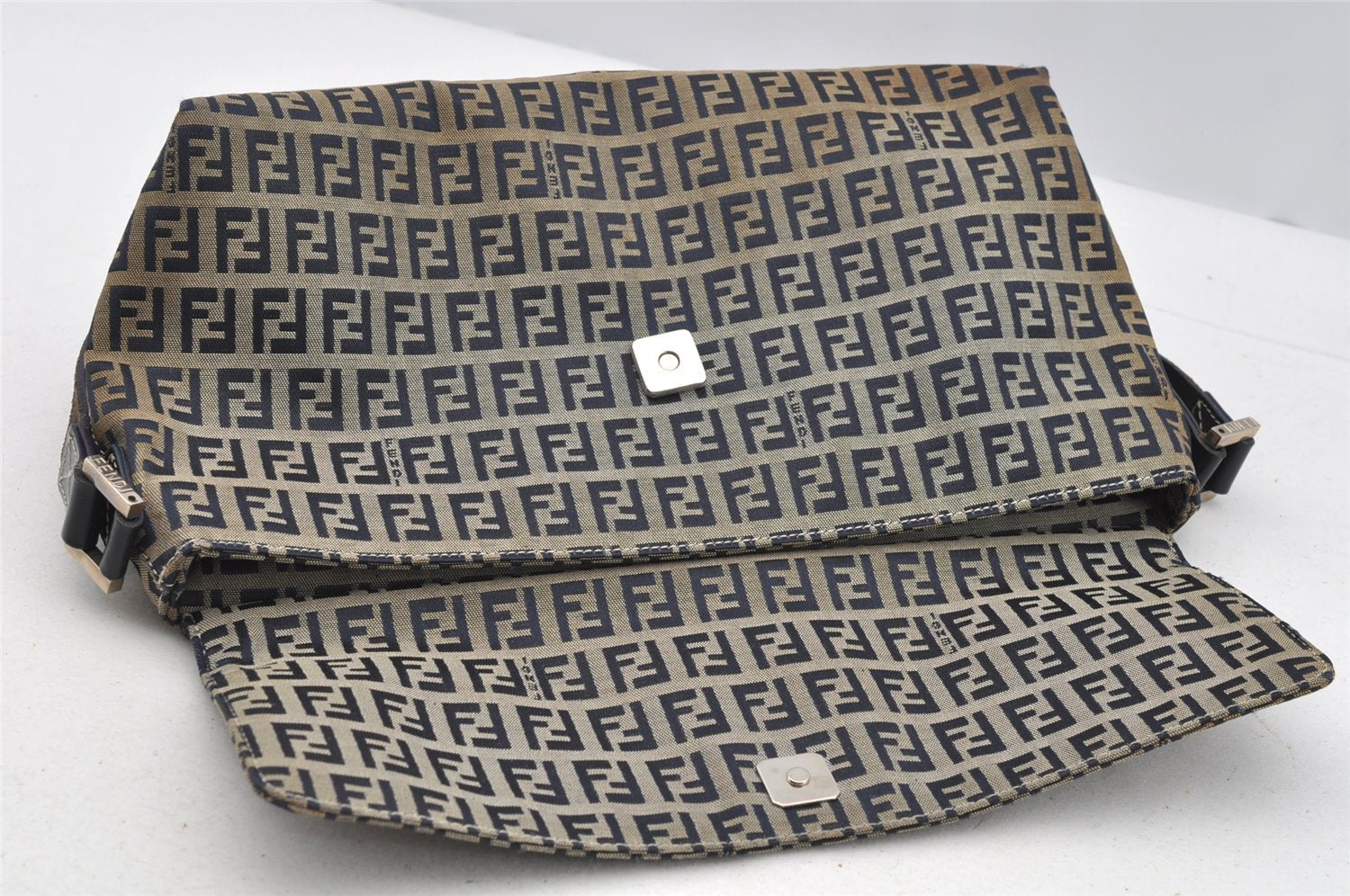 Authentic FENDI Zucchino Shoulder Bag Purse Canvas Leather Navy Blue 3297I
