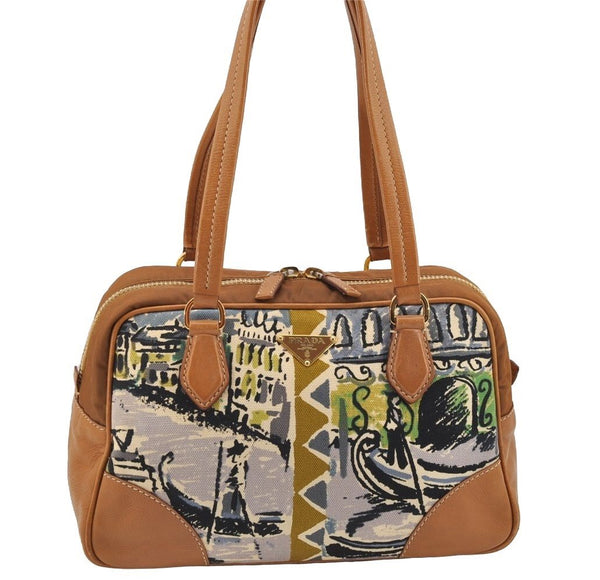 Authentic PRADA Vintage Canvas Leather Nylon Shoulder Hand Bag Purse Brown 3299I