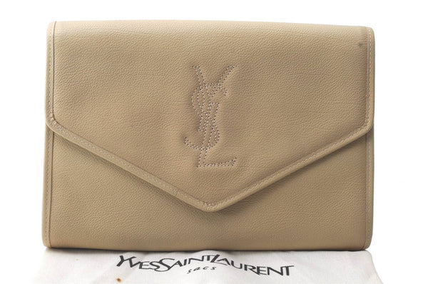 Authentic YVES SAINT LAURENT Clutch Hand Bag Purse Leather Beige 3302D