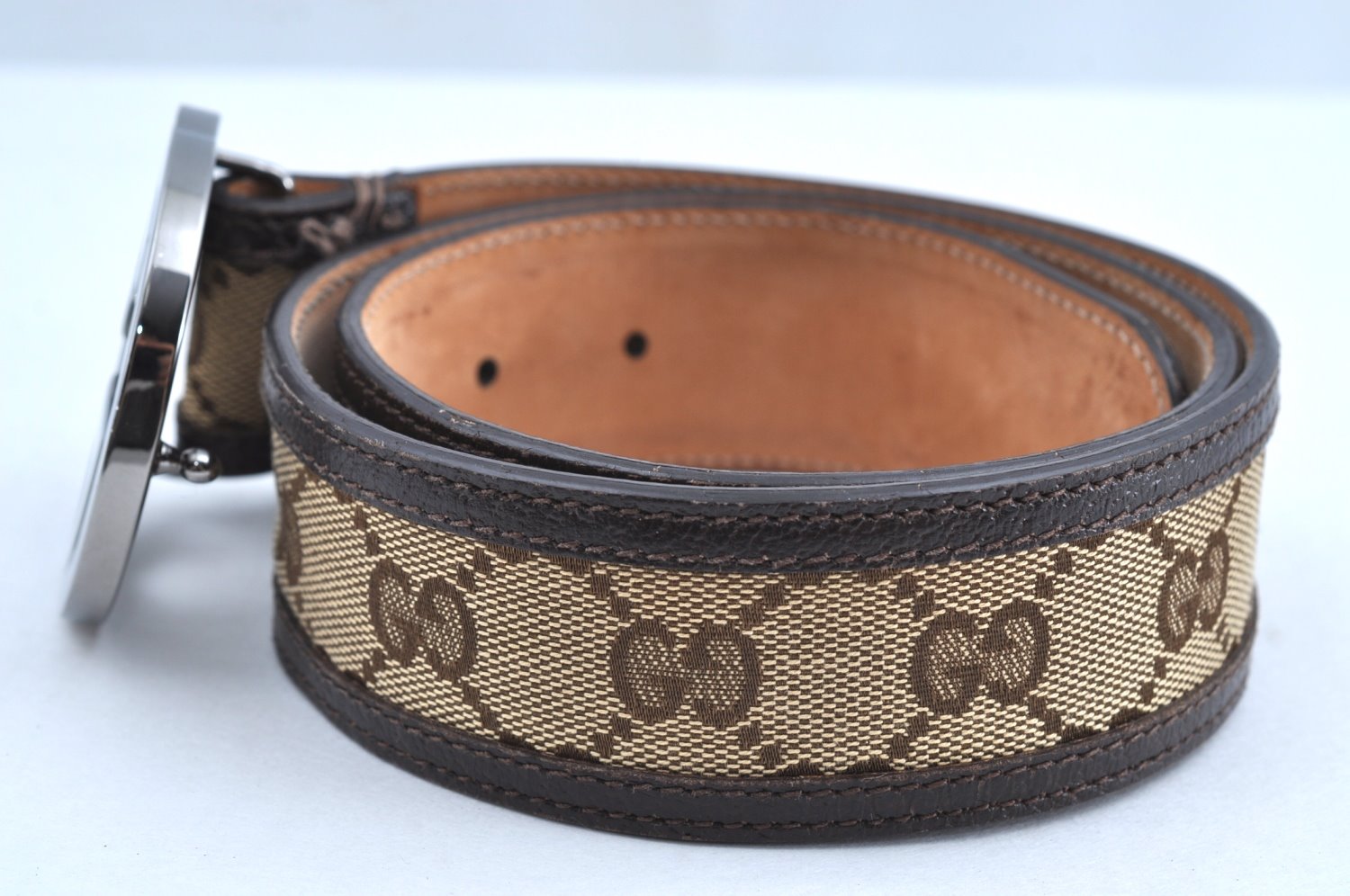 Authentic GUCCI Interlocking G Belt GG Canvas Leather 114876 Brown 3302H