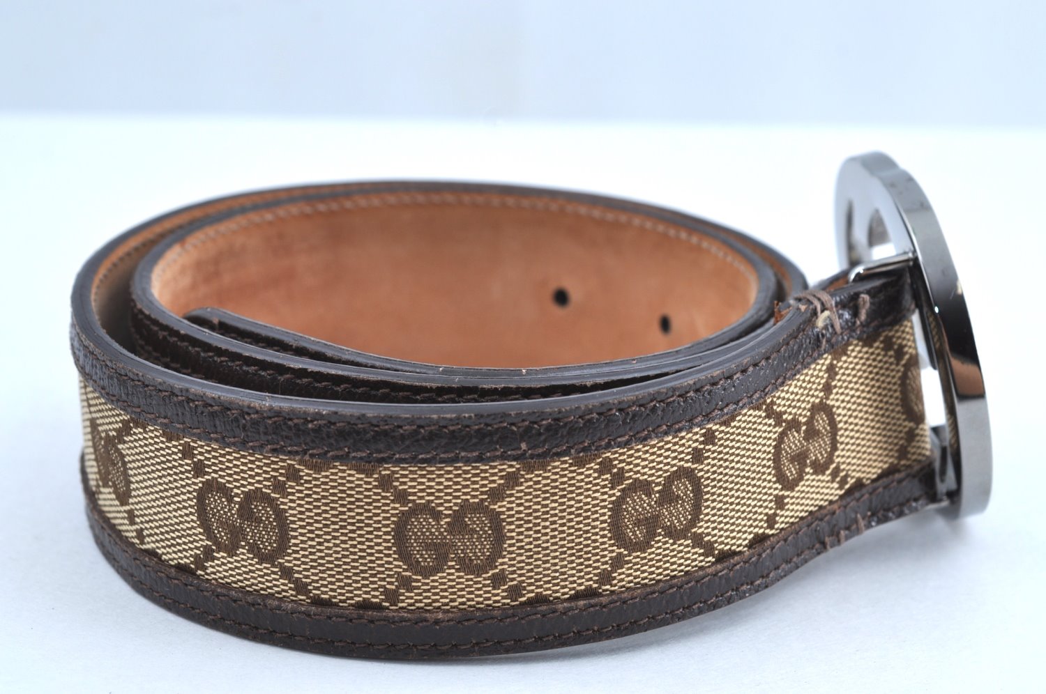 Authentic GUCCI Interlocking G Belt GG Canvas Leather 114876 Brown 3302H