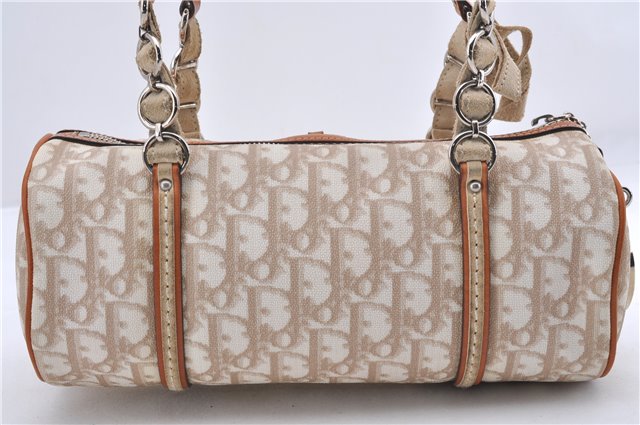 Auth Christian Dior Trotter Romantic Ribbon Hand Bag PVC Leather Beige 3307D