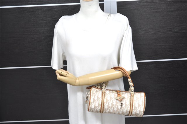 Auth Christian Dior Trotter Romantic Ribbon Hand Bag PVC Leather Beige 3307D