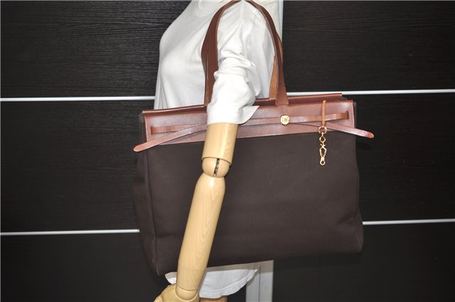 Authentic HERMES Her Bag Cabas PM & GM Shoulder Tote Bag Brown 3310D