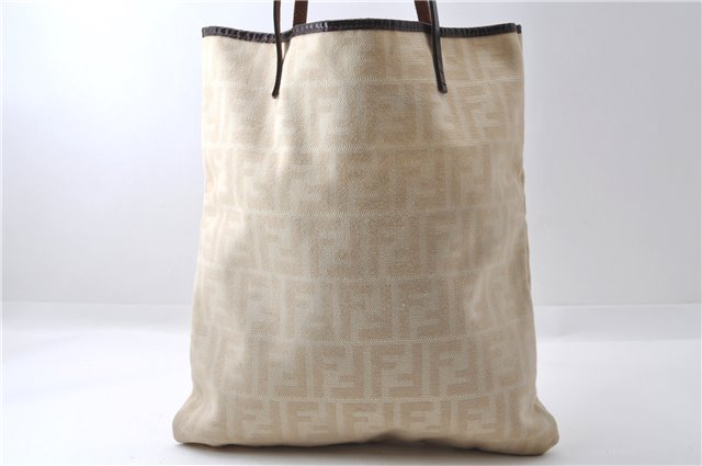 Authentic FENDI Zucca Shoulder Tote Bag Canvas Leather Beige 3313D