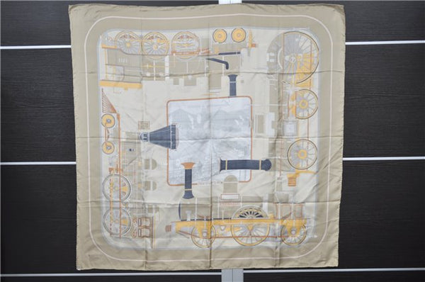 Authentic HERMES Carre 90 Scarf "locomotives a vapeur" Silk Beige 3319D