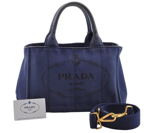 Authentic PRADA CANAPA SS Denim 2Way Shoulder Hand Bag B2439G Navy Blue 3323I