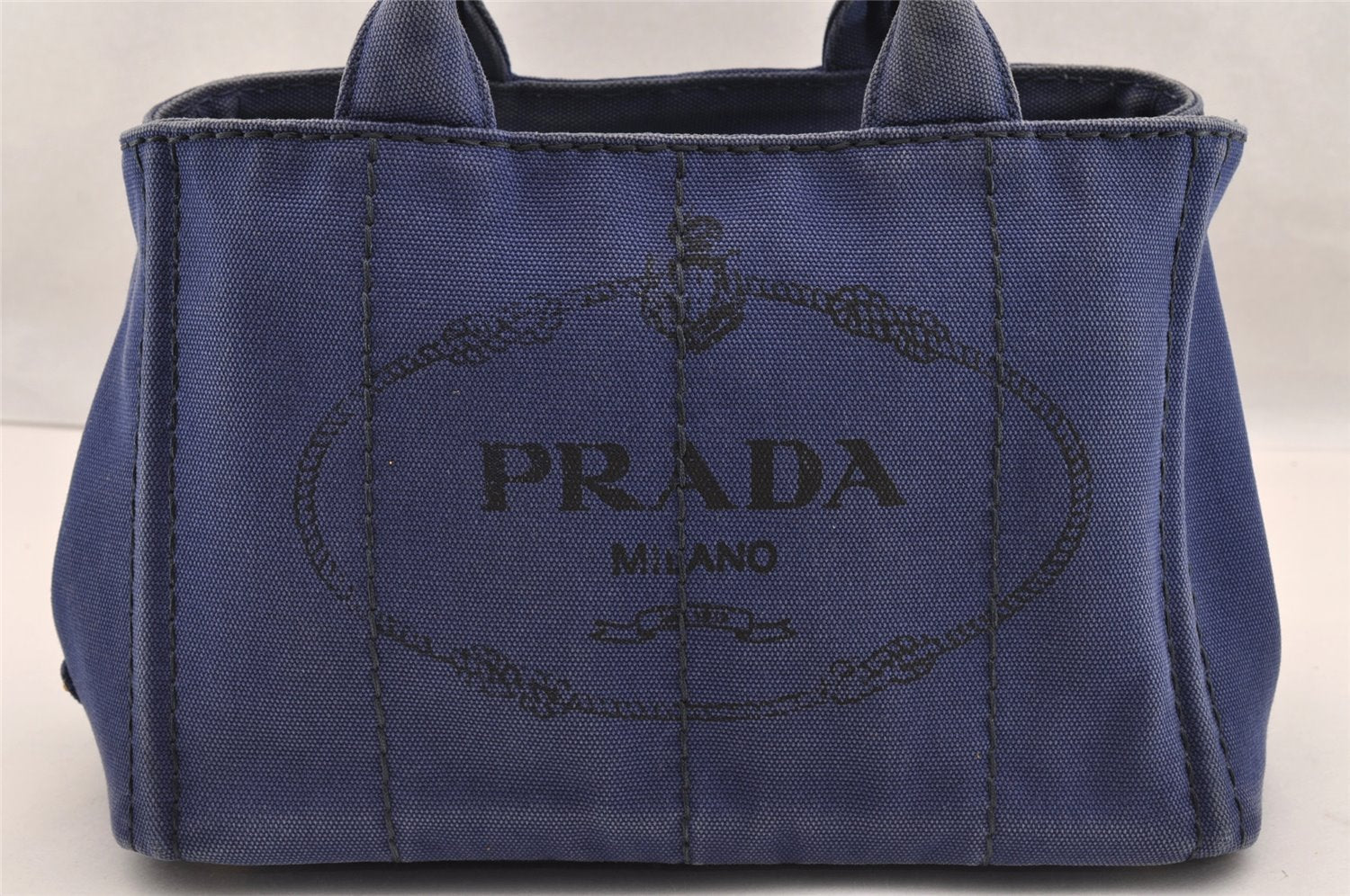 Authentic PRADA CANAPA SS Denim 2Way Shoulder Hand Bag B2439G Navy Blue 3323I