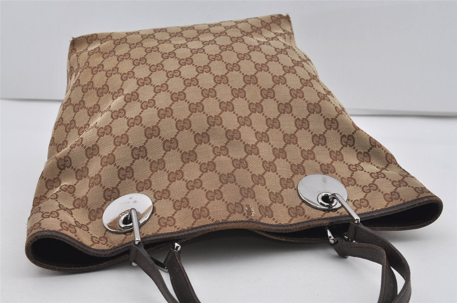 Authentic GUCCI Eclipse Shoulder Tote Bag GG Canvas Leather 120836 Brown 3325I