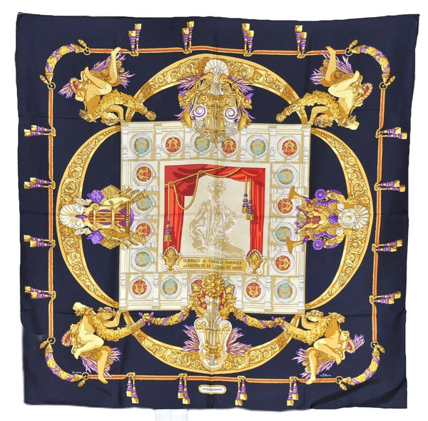 Authentic HERMES Carre 90 Scarf "HOMMAGE A CHARLES GARNIER" Silk Navy Box 3329F