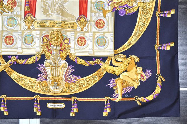 Authentic HERMES Carre 90 Scarf "HOMMAGE A CHARLES GARNIER" Silk Navy Box 3329F