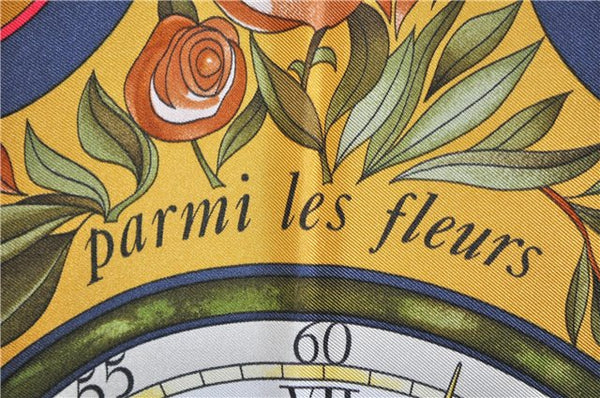 Authentic HERMES Carre 90 Scarf "Parmi Les Fleurs Je Compt" Silk Black Box 3338F